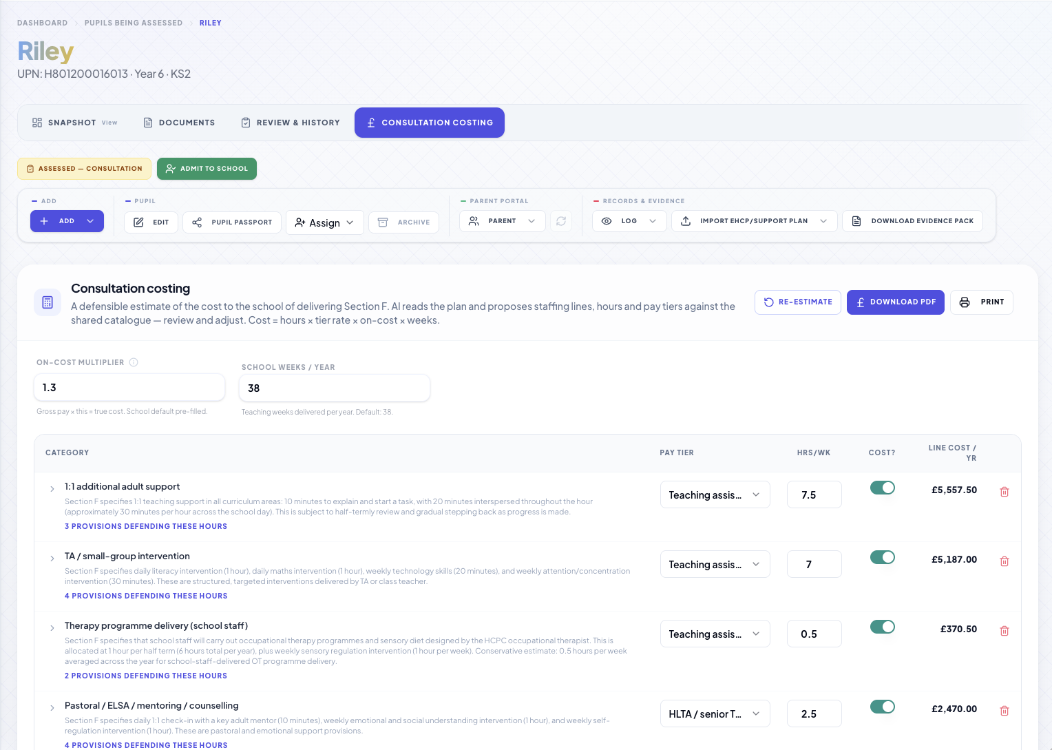 Consultation costing with AI-proposed staffing lines, hours and pay tiers from Section F
