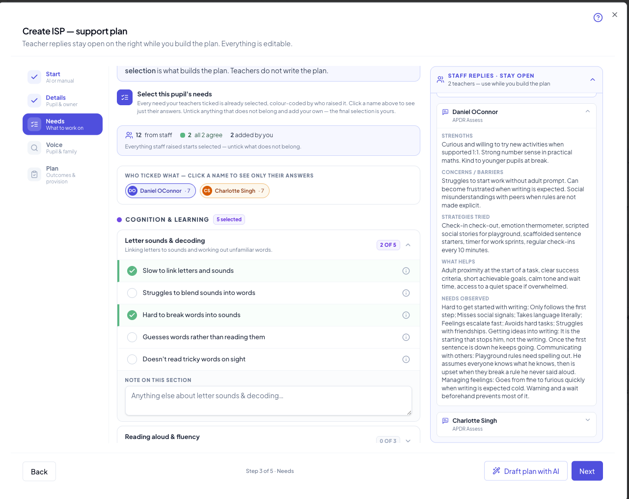 Create ISP wizard with teacher replies panel alongside the need picker