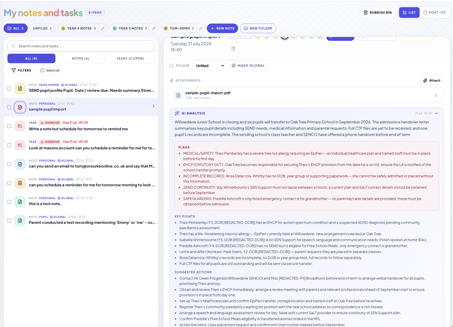 AI analysis of an attached admissions letter with safety and statutory flags