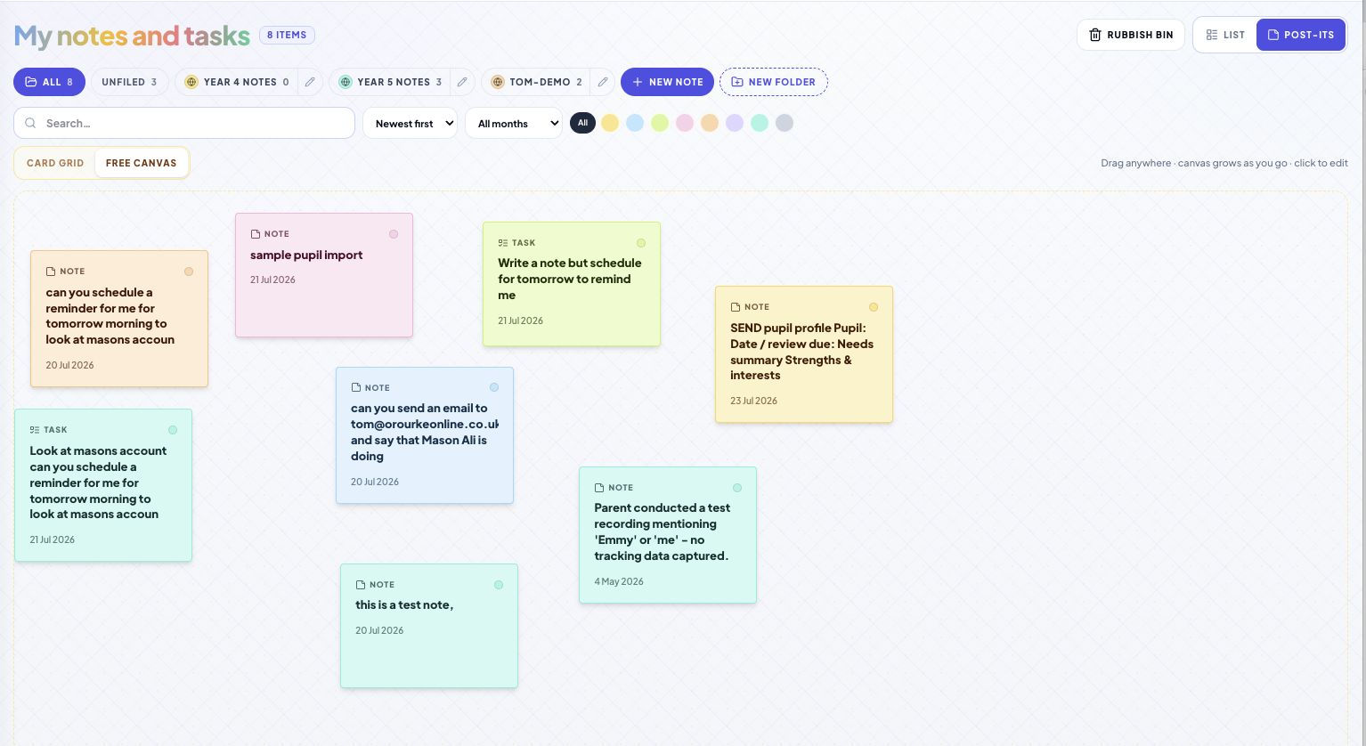 Notes and tasks on a free canvas with folders and colours