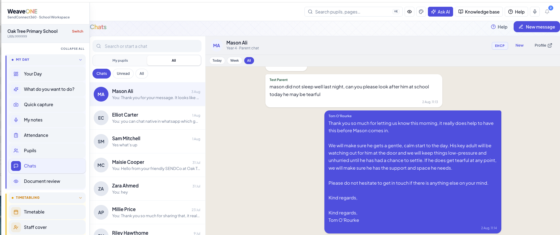 Parent chat with a drafted warm reply from the SENCO