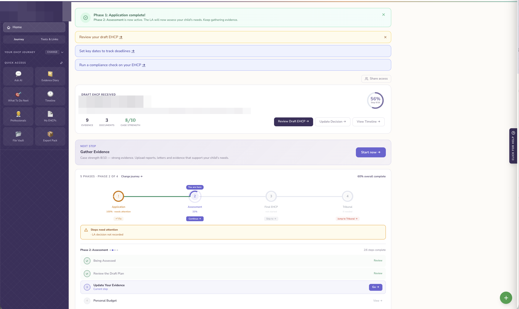 Pathway journey dashboard with phases, case strength and next steps (child details redacted)